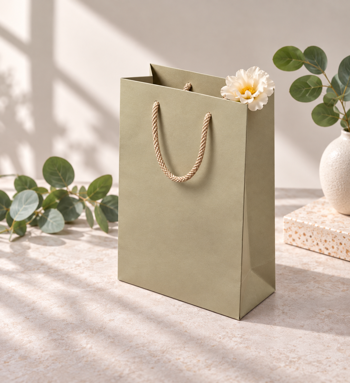 Punga carton AURIU MAT 16x7x24 cm, PREMIUM, cu maner din snur textil 1 BUC