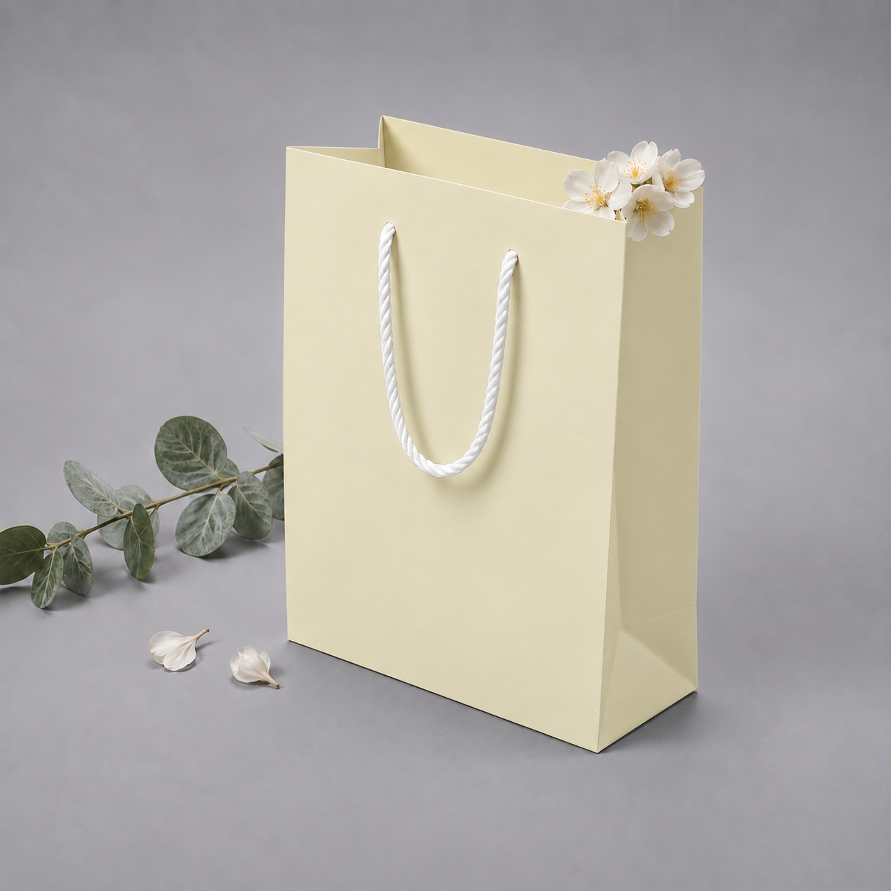 Punga carton CREAM 14x7x17 cm netiparita, PREMIUM, cu maner din snur textil