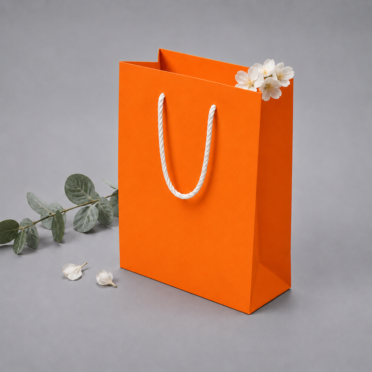 Punga carton ORANGE 14x7x17 cm netiparita, PREMIUM, cu maner din snur textil