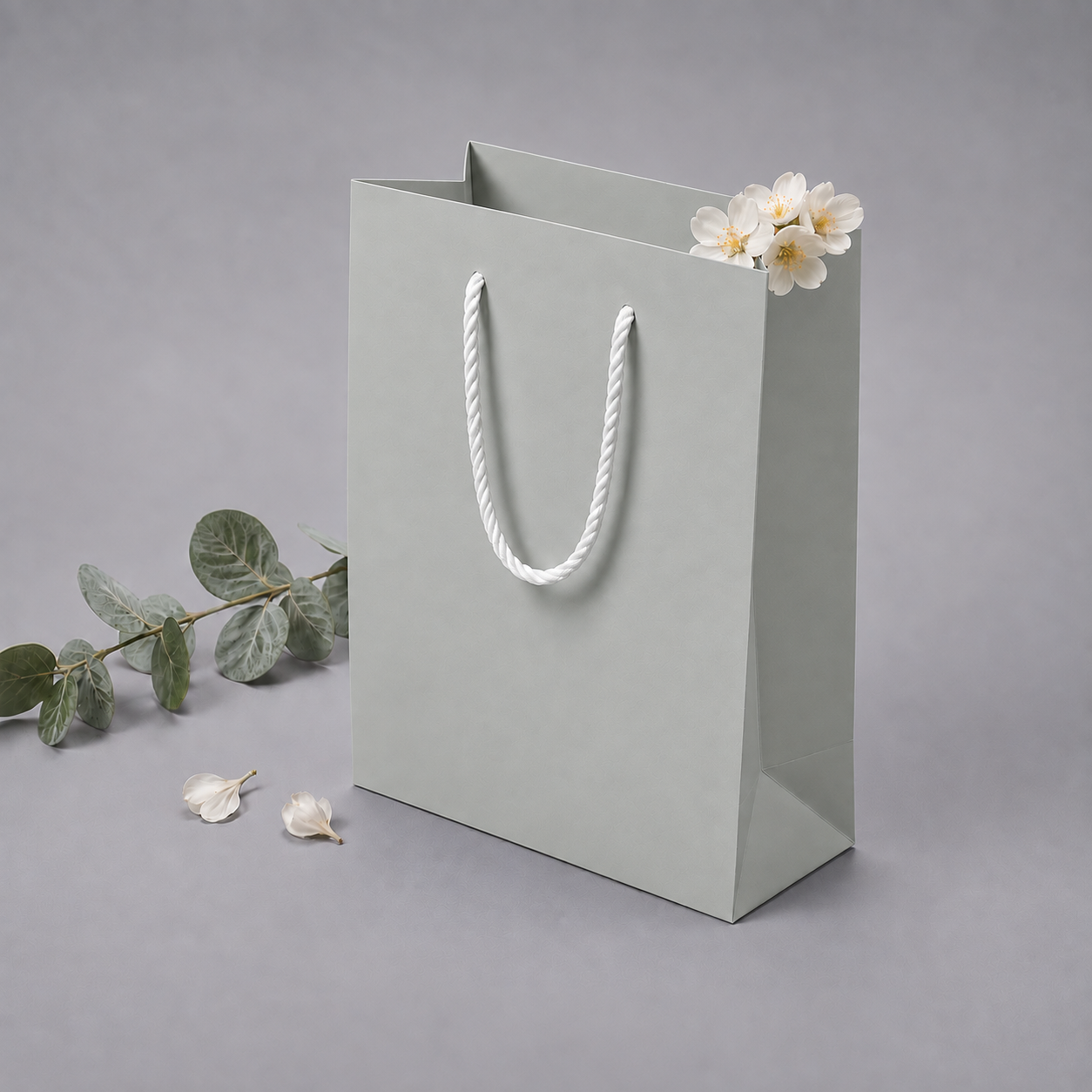 Punga carton OYSTER GREY 14x7x17 cm netiparita, PREMIUM, cu maner din snur textil