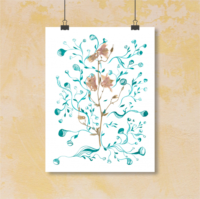 Floare Copac - ilustratie in tehnica mixta, plante presate, tus si vopsea acrilica [1]
