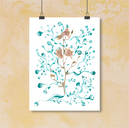 Floare Copac - ilustratie in tehnica mixta, plante presate, tus si vopsea acrilica [0]