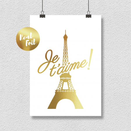 Poster Je t'aime Paris, 21x30cm, colaj metalic auriu [1]