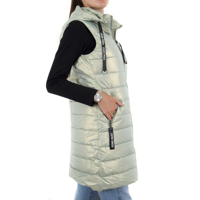 Vestă lungă matlasată damă cu glugă – Verde Mentă [2]