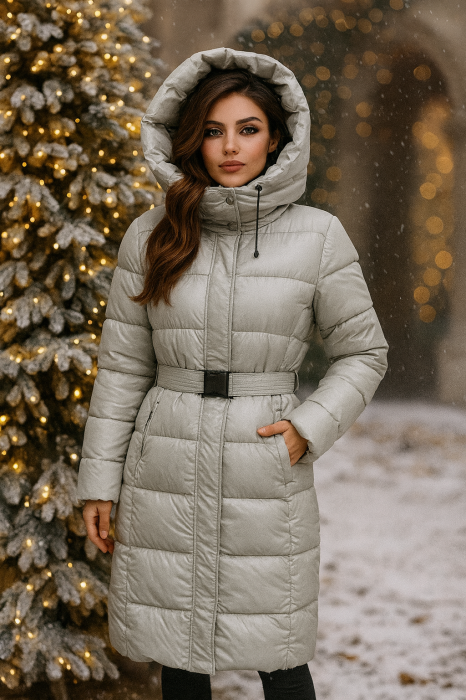 Geacă lungă matlasată cu glugă și centură - Bej [3]