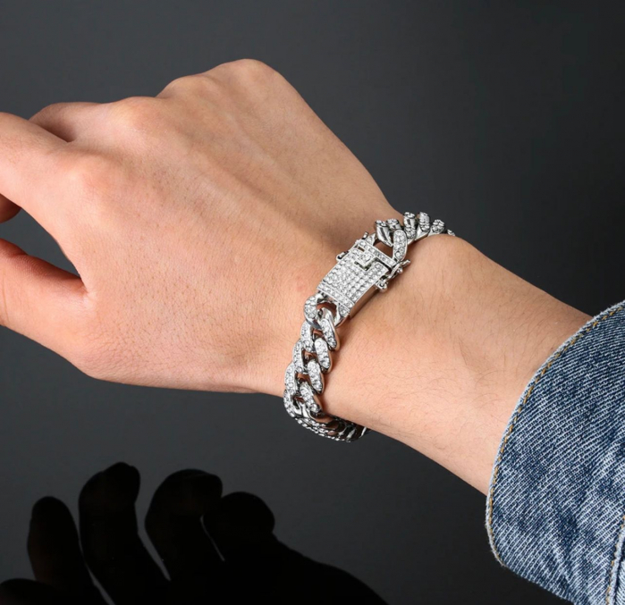 Hip Hop Cuban Bracelet Iced Stainless Steel Barbat - Argintiu [2]