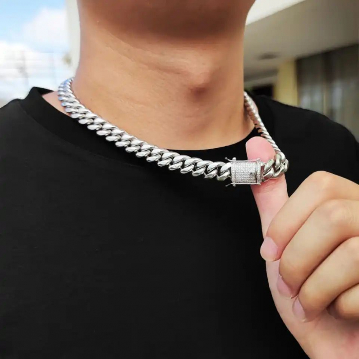 Hip Hop Cuban Chain Iced Stainless Steel Barbat - Argintiu [3]