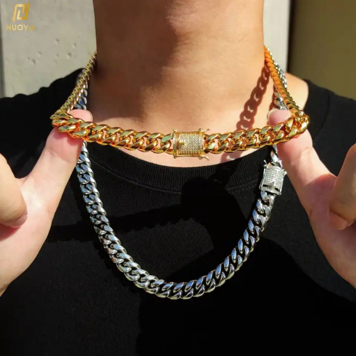 Hip Hop Cuban Chain Iced Stainless Steel Barbat - Auriu [3]