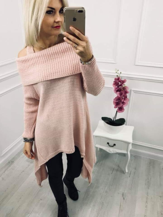 Pulover Asimetric Off-Shoulder - Roz Pudra [2]