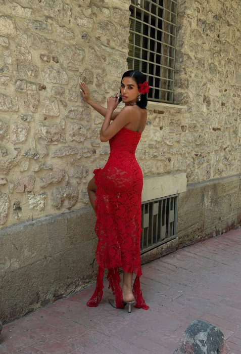 Rochie elegantă asimetrică din dantelă ISABELLA - Rosu [5]