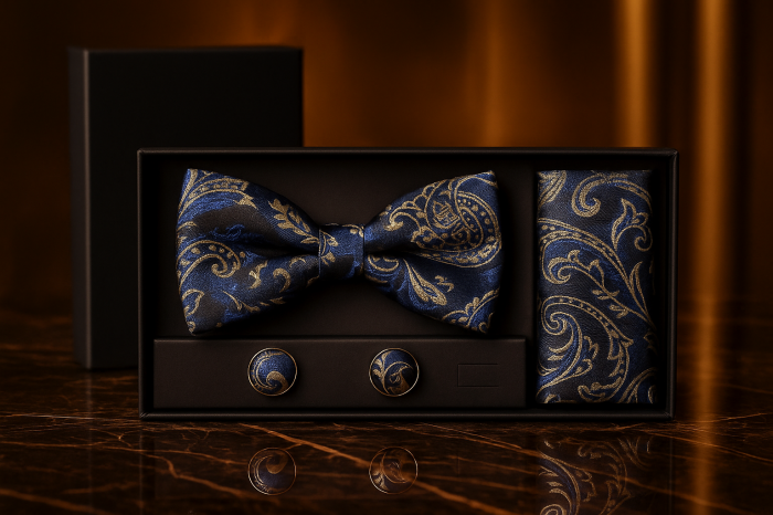 Set Bărbătesc Papion + Butoni + Batistă – Royal Navy Gold [2]