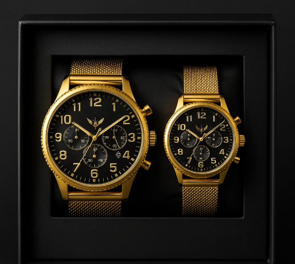 Set Ceasuri Premium pentru Cuplu – Black & Gold Mesh Edition [1]