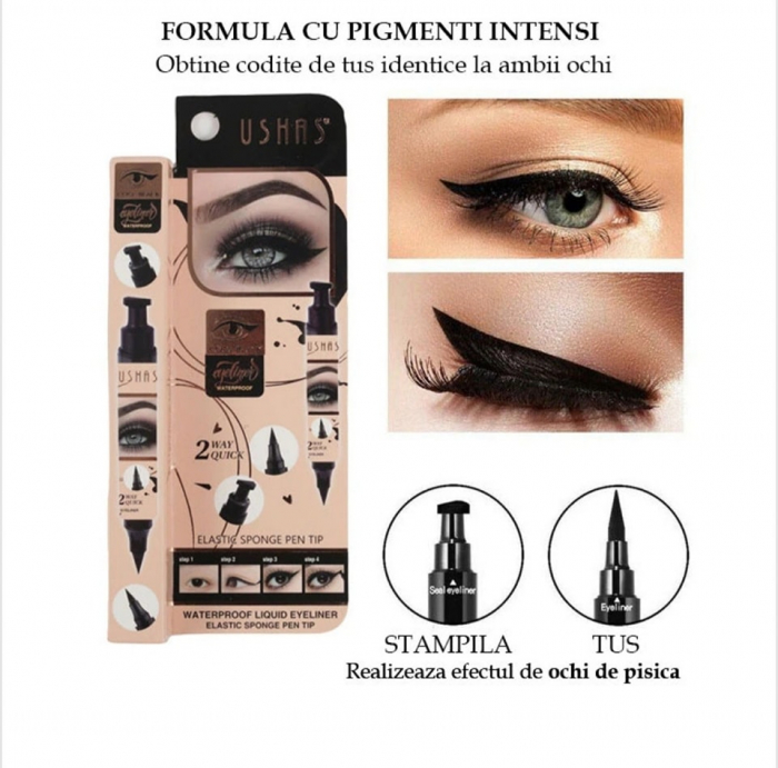 Tus pentru Ochi Tip Carioca cu Stampila, USHAS Waterproof Eyeliner, Negru Intens [2]