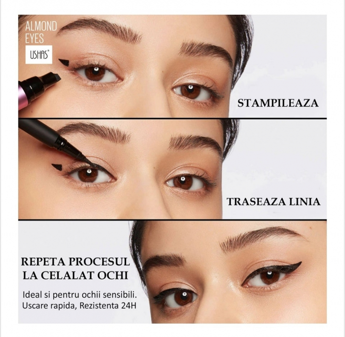 Tus pentru Ochi Tip Carioca cu Stampila, USHAS Waterproof Eyeliner, Negru Intens [3]