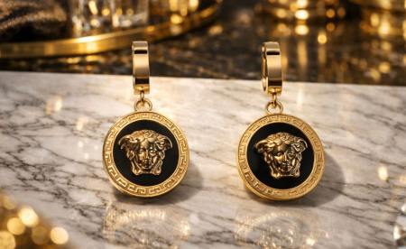 Accesorii si Bijuterii - Cercei Medallion Luxury – Aurii cu Inserție Neagră