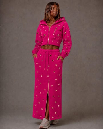 NOUTĂȚI - Compleu Black Icon cu Fustă Lungă și Detalii Aurii - Roz Fuchsia