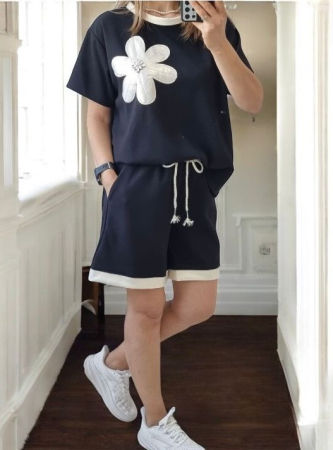 ÎMBRĂCĂMINTE - Compleu casual cu floare aplicată Daisy - Negru