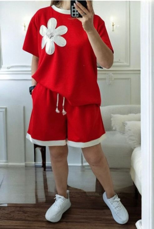 ÎMBRĂCĂMINTE - Compleu casual cu floare aplicată Daisy - Rosu