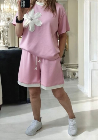 ÎMBRĂCĂMINTE - Compleu casual cu floare aplicată Daisy - Roz Pudră