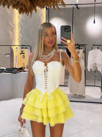 NOUTĂȚI - Compleu elegant cu corset și fustă cu volane AMELIE - Alb & galben