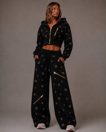 NOUTĂȚI - Compleu Sport Glam Black cu Detalii Aurii - Negru