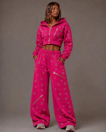 NOUTĂȚI - Compleu Sport Glam Black cu Detalii Aurii - Roz Fuchsia