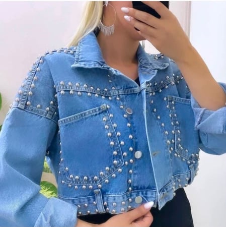 NOUTĂȚI - Geacă Denim Damă LAUREN cu Ținte Metalice - Albastru