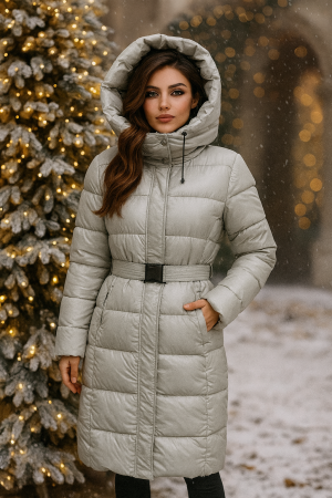Geacă lungă matlasată cu glugă și centură - Bej [2]