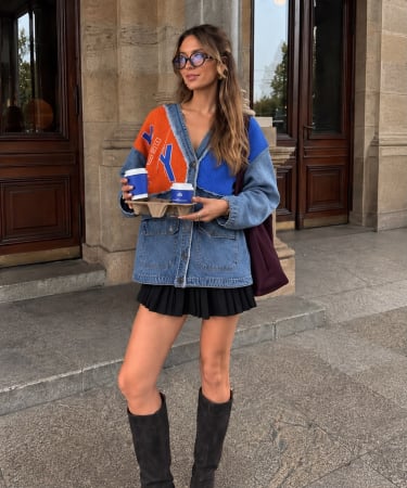 NOUTĂȚI - Jachetă Denim Varsity Color Block - Albastru