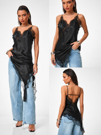 NOUTĂȚI - Maiou satin asimetric cu dantelă – Velvet Touch