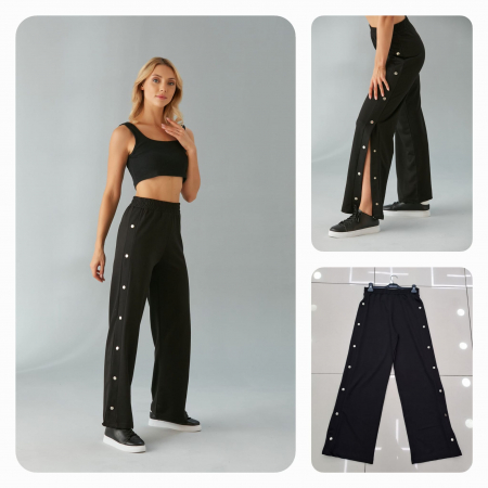Pantaloni Colanti si Blugi - Pantaloni Sport cu Capse Evazati - Negru
