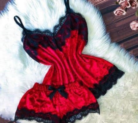 Pijamale si halate de baie - Pijama 2 piese catifea - Rosu