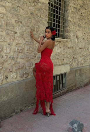Rochie elegantă asimetrică din dantelă ISABELLA - Rosu [4]