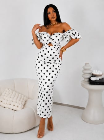 Rochii și Fuste - Rochie Elegantă Midi cu Buline Bella - Alb