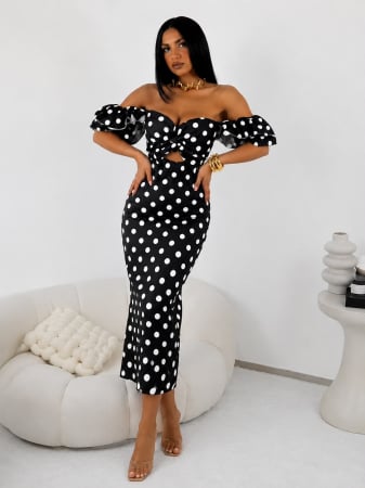 Rochii și Fuste - Rochie Elegantă Midi cu Buline Bella - Negru