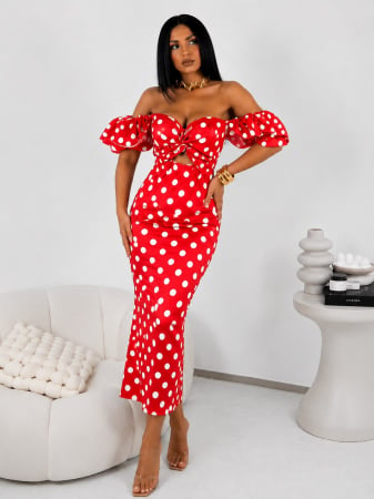 ÎMBRĂCĂMINTE - Rochie Elegantă Midi cu Buline Bella - Rosu