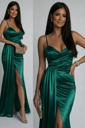 ÎMBRĂCĂMINTE - Rochie Elyna Satinată cu Crăpătură - VERDE SMARALD