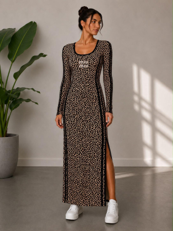 NOUTĂȚI - Rochie lunga Davina cu mâneci lungi și șliț lateral - Animal Print Bej