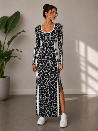 NOUTĂȚI - Rochie lunga Davina cu mâneci lungi și șliț lateral - Animal Print Gri