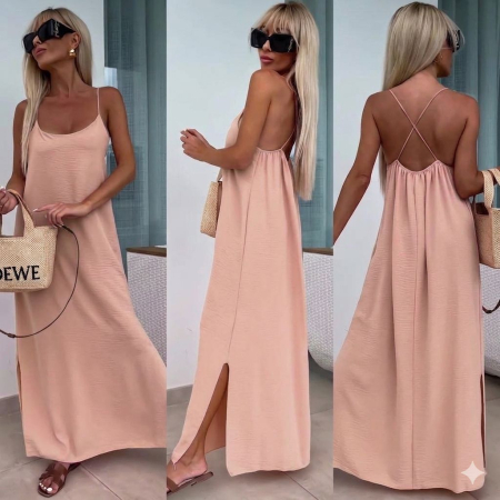 ÎMBRĂCĂMINTE - Rochie maxi vaporoasă cu spatele gol Summer Glow - Roz Pudră