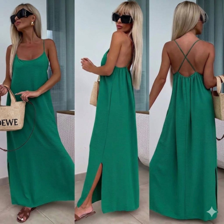 ÎMBRĂCĂMINTE - Rochie maxi vaporoasă cu spatele gol Summer Glow - Verde Smarald