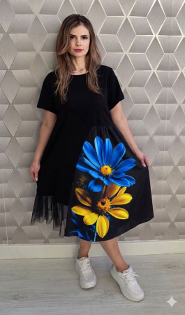 NOUTĂȚI - Rochie neagră midi asimetrică Floral Chic – Blue Bloom