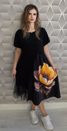 NOUTĂȚI - Rochie neagră midi asimetrică Floral Chic – Golden Flower