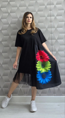 Rochii și Fuste - Rochie neagră midi asimetrică Floral Chic – Rainbow Bloom