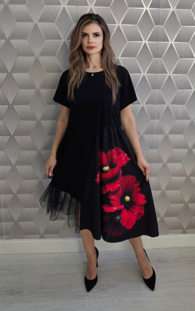 Rochii și Fuste - Rochie neagră midi asimetrică Floral Chic – Red Bloom