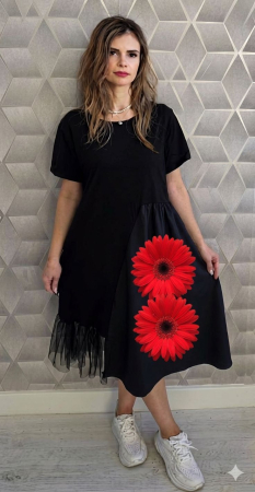 Rochii și Fuste - Rochie neagră midi asimetrică Floral Chic – Red Gerbera