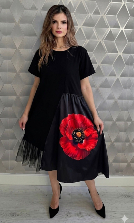 Rochii și Fuste - Rochie neagră midi asimetrică Floral Chic – Red Poppy