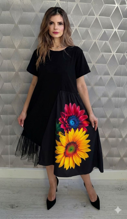 Rochii și Fuste - Rochie neagră midi asimetrică Floral Chic – Sun Bloom
