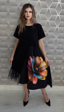 Rochii și Fuste - Rochie neagră midi asimetrică Floral Chic – Velvet Flower