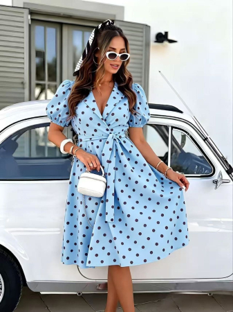NOUTĂȚI - Rochie midi retro cu buline – Bleu
